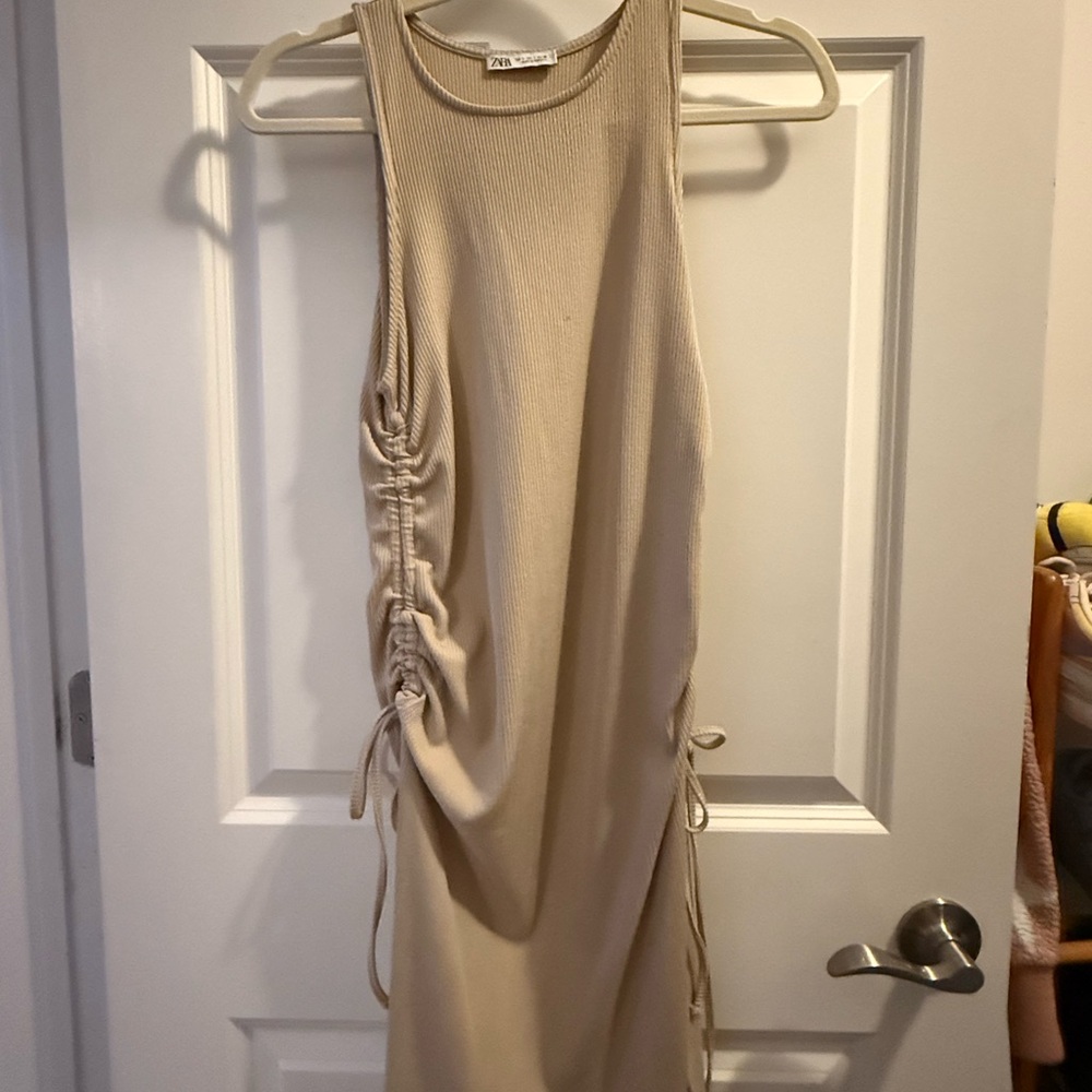 Beige Sleeveless Ruched Dress